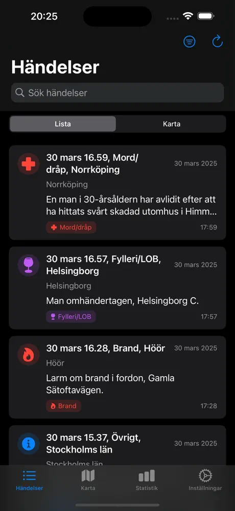 Blåljus app — händelselista med senaste polishändelser